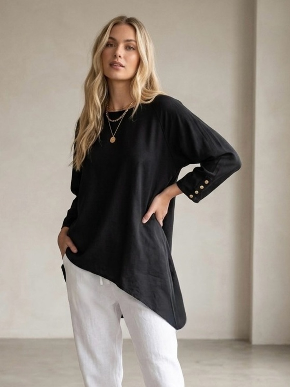 Peacock Ways Long Sleeve Tunic Asymmetrical Hem Artesian Black Cotton Size Large